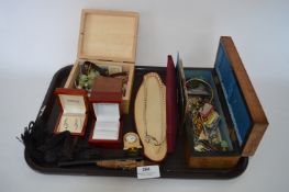 Tray Lot of Costume Jewellery; Miniature Clock, Walnut Box, Enamel Badges, Needle Holders, etc.