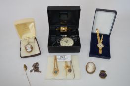 Tray Lot of Costume Jewellery; Necklaces, Cameo Brooches, Rotary Wristwatch and a Pocket Watch