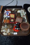 Tray Lot; Coins, Buckles, Door Handle, Enamel Badges, Binoculars, etc.