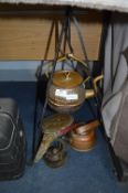 Copper and Brass Kettle on Trivet, Brass Bellows,
