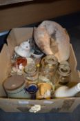 Box Lot of Storage Jars, Large Shell, Skates, Royal Worcester Preserve Dish, etc.