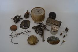 Midland Bank Saving Box, Brass Padlock, Keys, Silver Topped Jars, Brass weights, etc.