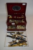 Jewellery Box and Contents of Costume Jewellery and a Tray of Wristwatches