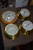 Two Wall Clocks and Two Brass Framed Barometers