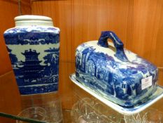 Blue & White Cheese Dish and Cover, Willow Pattern Ginger Jar and Cover