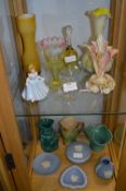 Collection Coloured Glassware, Disney Figurine, Wedgwood, etc.
