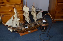 Model Galleon HMS Victory and a Galvanised Copper Lamp