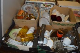 Four Boxes Containing Decorative Plates, Teapots, Glassware, Cheese Dish, Jugs, etc.