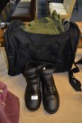 Motorcycle Boots Size: 11 and a Bag Containing Military Green Trousers