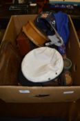 Box Containing Fishing Reels, Treen, Caps, Crumb Trays, Jewellery Boxes