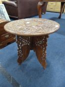 Indian Teak and Brass Inlaid Circular Folding Occasional Table