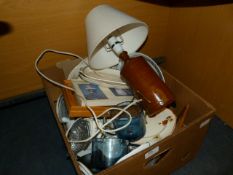 Box of Pottery Items, Decorative Plates, Dinnerware, Table Lamp, Picture Frames, Glass Mugs, etc.