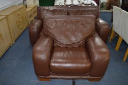 Brown Leather Look Two Seat Sofa and Armchair