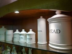 Collection of White Pottery KItchen Containers; Tea, Coffee, Sugar, Biscuits, Bread, etc.