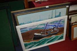 Large Lowry Print and a Oil Painting of a Trawler