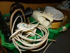 Two Basket Containing Wall Mounted TV Bracket, Extension Lead, Mixing Bowls, Jardiniere, Dirt