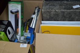 Two Boxes Containing; Desk Lamp, Lantern, Portable Vac, Filing Boxes, Battery Charger, etc.