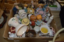 Box Lot of Pottery Figurines Small Clock, Jugs, etc.