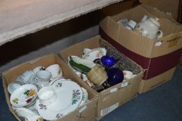 Three Boxes of Pottery, Dinnerware, Teaware, Glassware, Part Tea Sets, etc.