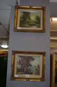 Pair of Gilt Framed Oil Paintings on Canvas Woodland Lake Scenes