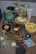 Pottery Collection; Water Jug, Dessert Services, Candlestick, Brass Letter Rack, Wedgwood, etc.