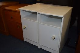 Pair of White Bedside Cabinets and a Single Teak Bedside Cabinet