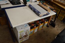 *Grey and Blue Straight Desk with Power Outlets