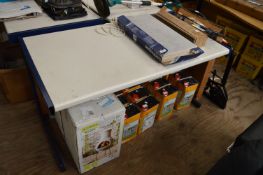 *Grey and Blue Straight Desk with Power Outlets