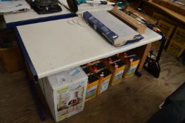 *Grey and Blue Straight Desk with Power Outlets