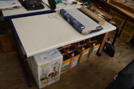 *Grey and Blue Straight Desk with Power Outlets