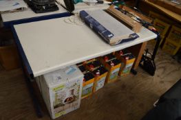 *Grey and Blue Straight Desk with Power Outlets