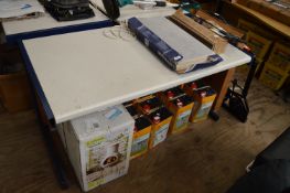 *Grey and Blue Straight Desk with Power Outlets