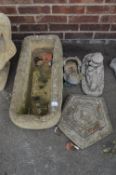 Concrete Plant Trough, Two Frog Ornaments and a Plinth Base