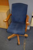 Pine Framed Blue Upholstered Swivel Office Armchair