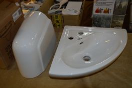 White Ceramic Corner Sink with Semi Pedestal