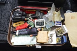 Tray Lot of Costume Jewellery, Seaside Fisherman Figures, Mini Binoculars, Stamps, etc.