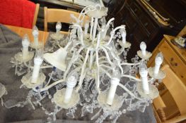 *White Metal Twelve Branch Chandelier with Glass Droplets