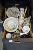 Box of Pottery; Vases, Cutlery, Potty, etc.