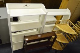 Two White Painted Bookshelves, Small Teak Bookshelf and a Cane Corner Stand