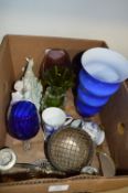 Box Lot of Coloured Glass Vases, Horse and Cart Figurine, Mugs, etc.