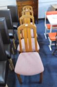 Set of Four Teak Slatback Dining Chairs with Pink Upholstered Seats