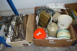 Box of Pottery Including; Bed Warmer, Vase, Potty and Vintage Tins