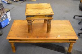 Teak Coffee Table with Metal Studs and Small Metal Bound Table