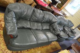 Green Leather Suite; Three Seat Settee and Two Swivel Armchairs