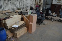 *Seven Assorted Office Chairs, Softwood Blocks, Offcuts, Circular Table and a Workbench