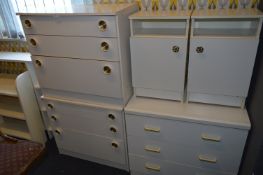 Three White Melamine Three Drawer Chests and Two Side Cabinets