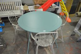 *Blue Metal Circular Garden Table and Four Grey Garden Chairs