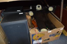Box Containing Cutlery, Teddy Bear, Shoe Cleaning Kit and a Pair of JVC Speakers