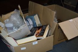 Two Boxes Containing Glassware, Insectocutors, Books, Pottery, Tins, etc.