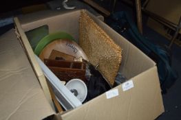 Box Containing Glass Fruit Bowl, Cameras, Slate Clock, Needlework Picture, etc.